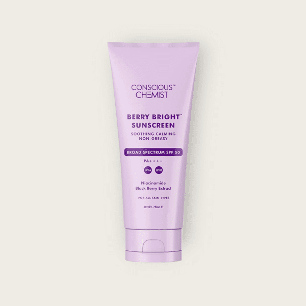 Conscious Chemist Berry Bright Water Resistant Soothing Calming Non Greasy Sunscreen SPF 50/PA++++ Broad Spectrum+UVA+UVB+Niacinamide Blackberry Extract